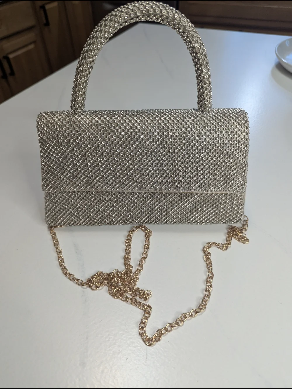 Jessica McClintock Remi Rhinestone Handle Bag Silver W/ Gold Tone Evening Clutch
